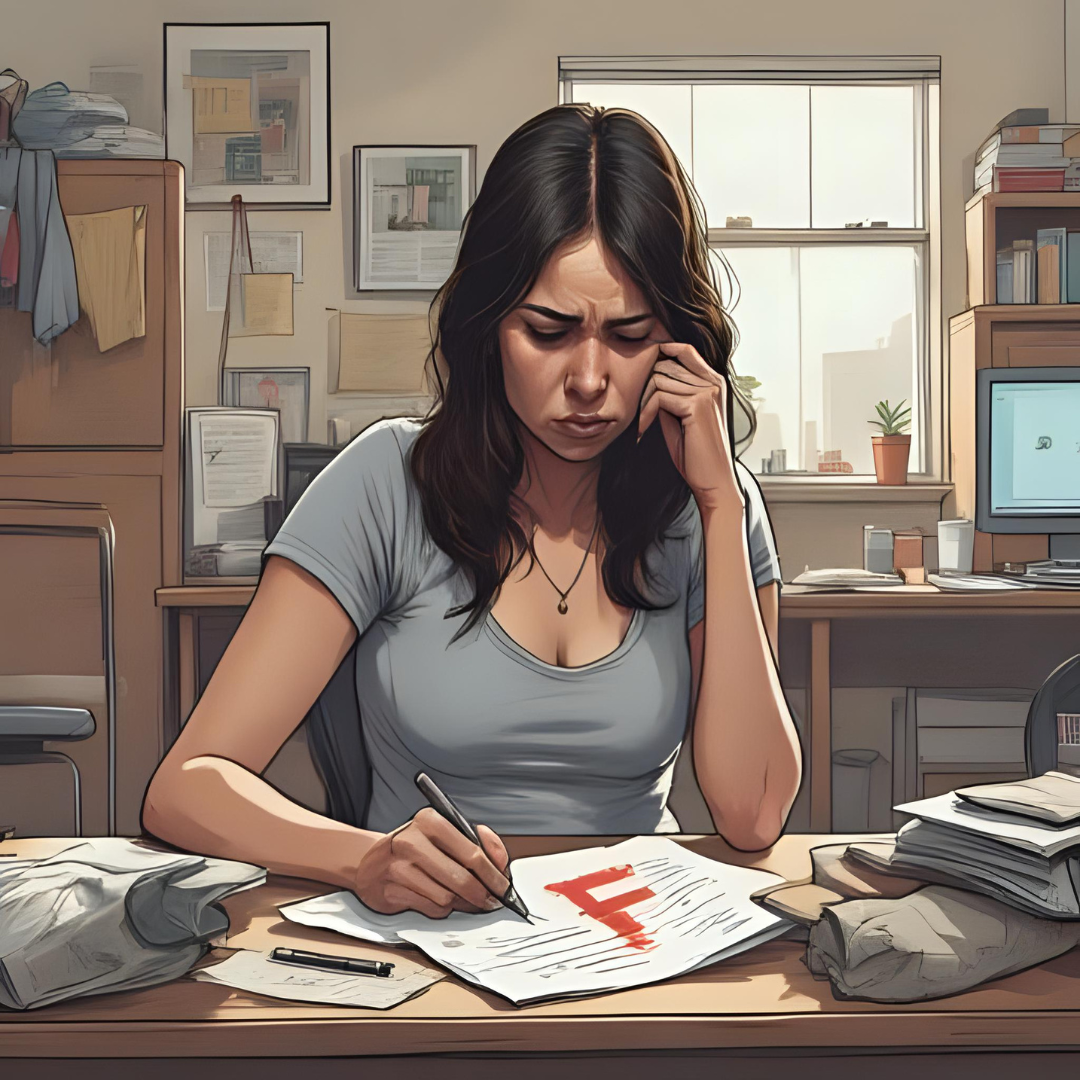Stylized dorm room that is messy. There is a light skinned female sitting at a cluttered desk looking sadly at a paper with a large red F marked on it.